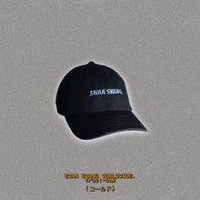 Load image into Gallery viewer, Swan Swang hat in black colourway with blue writing.