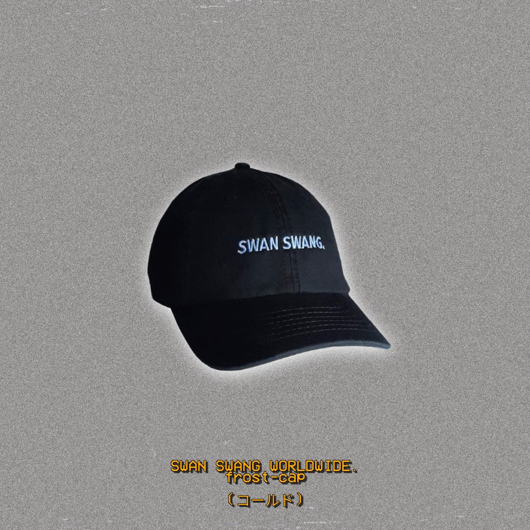 Swan Swang hat in black colourway with blue writing.