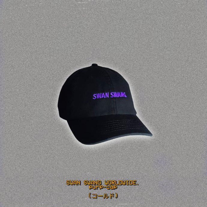Swan Swang hat in black colourway with purple writing.